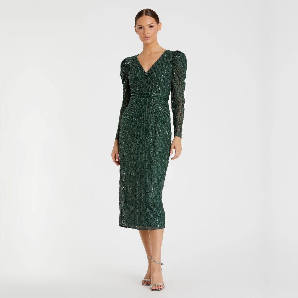 NWT Mac Duggal Beaded Lace Long Sleeve Midi Dress Deep Green 2 #8541
